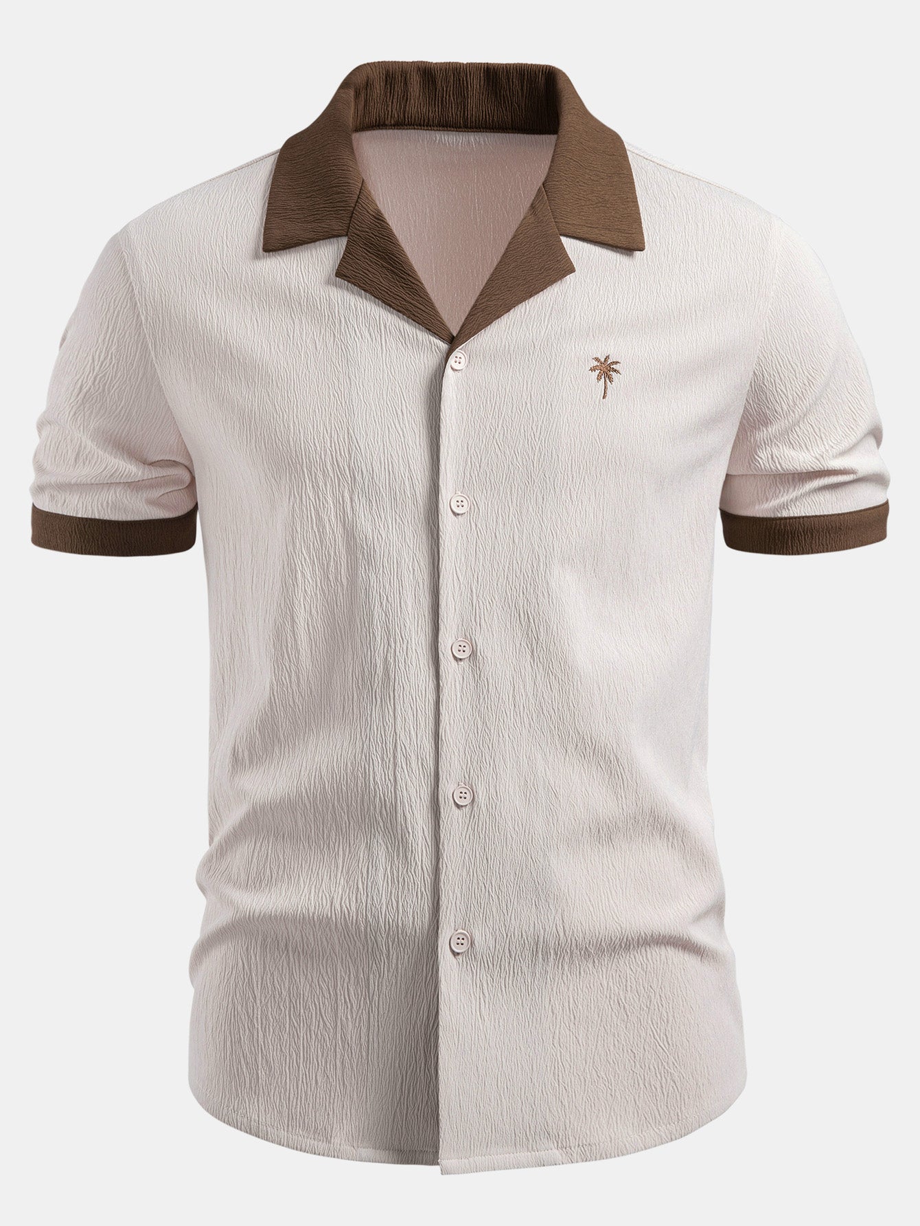 Contrast Palm Tree Embroidery Crinkle Shirt