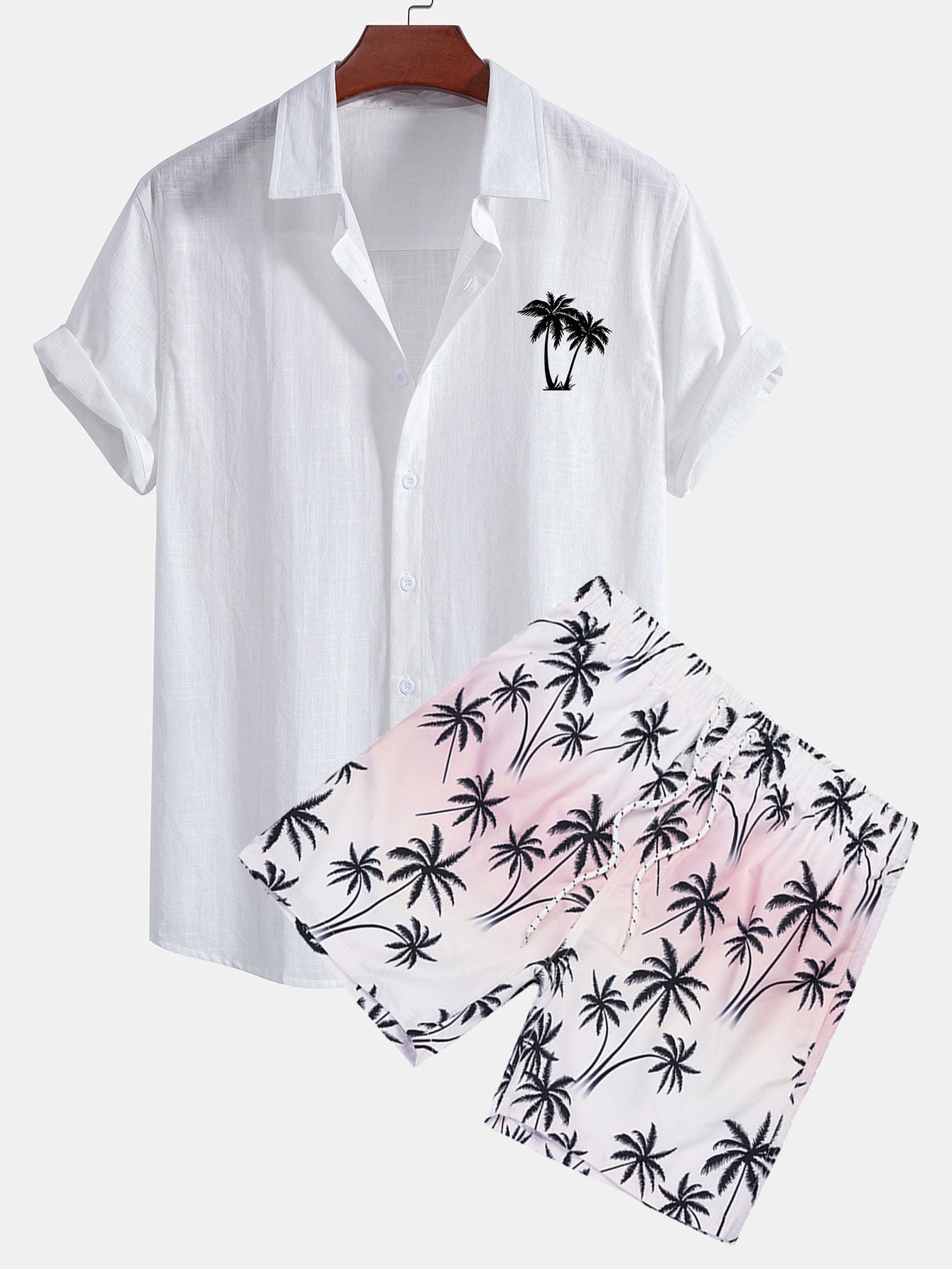 Palm Trees Print Linen Cotton Shirt & Swim Shorts Set