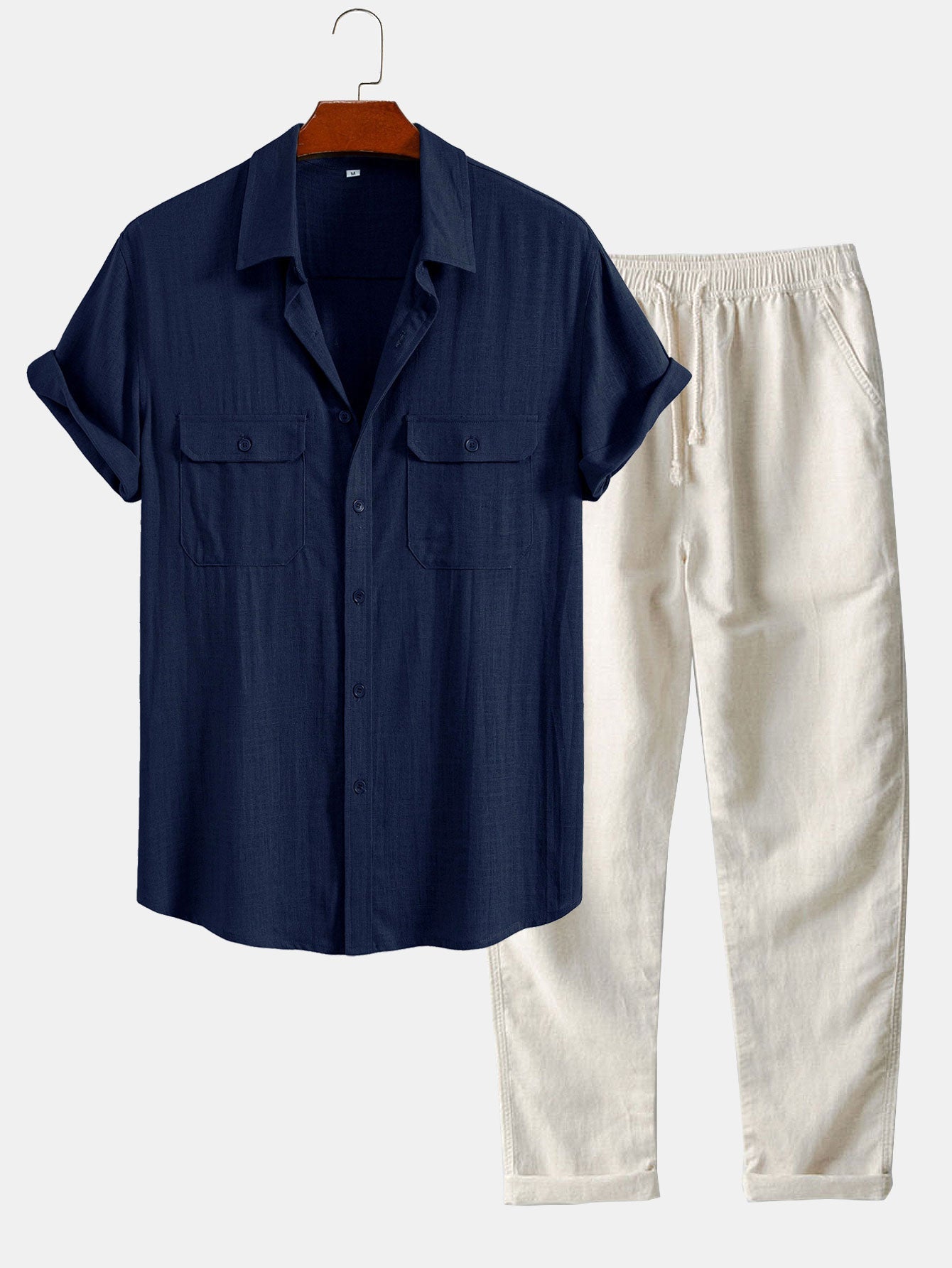 Linen Rayon Blend Pocket Utility Shirt & Straight Leg Linen Pants Set