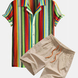 Colorful Striped Waffle Texture Cuban Shirt & Swim Shorts Set