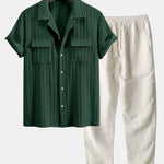 Textured Cuban Collar Pocket Shirt & Straight Leg Linen Pants Set