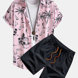 Palm Tree Sailboat Print Shirt & Swim Shorts Set