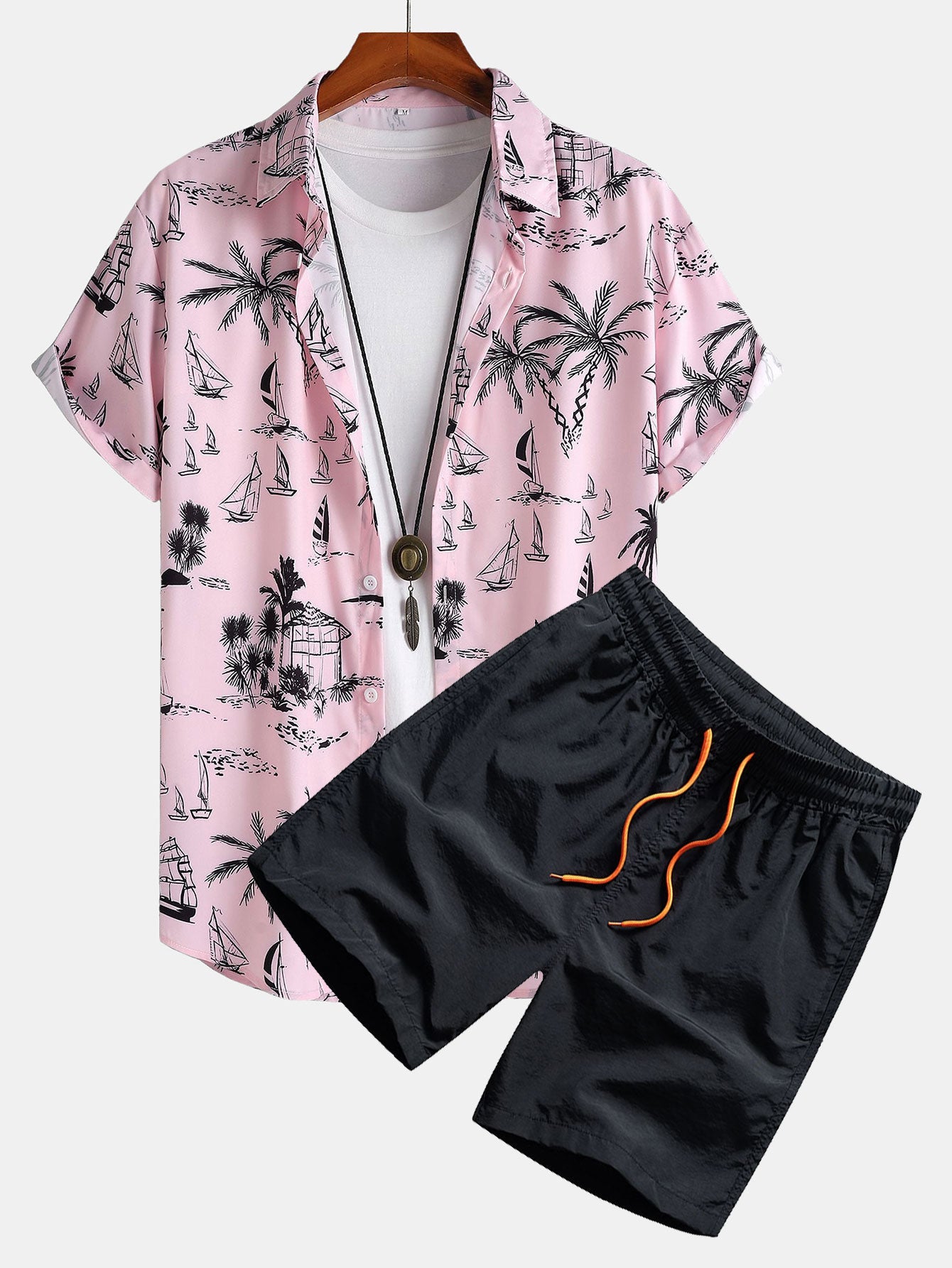 Palm Tree Sailboat Print Shirt & Swim Shorts Set