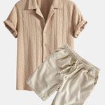 Geometric Jacquard Textured Cuban Shirt & Linen Cotton Blend Shorts Set