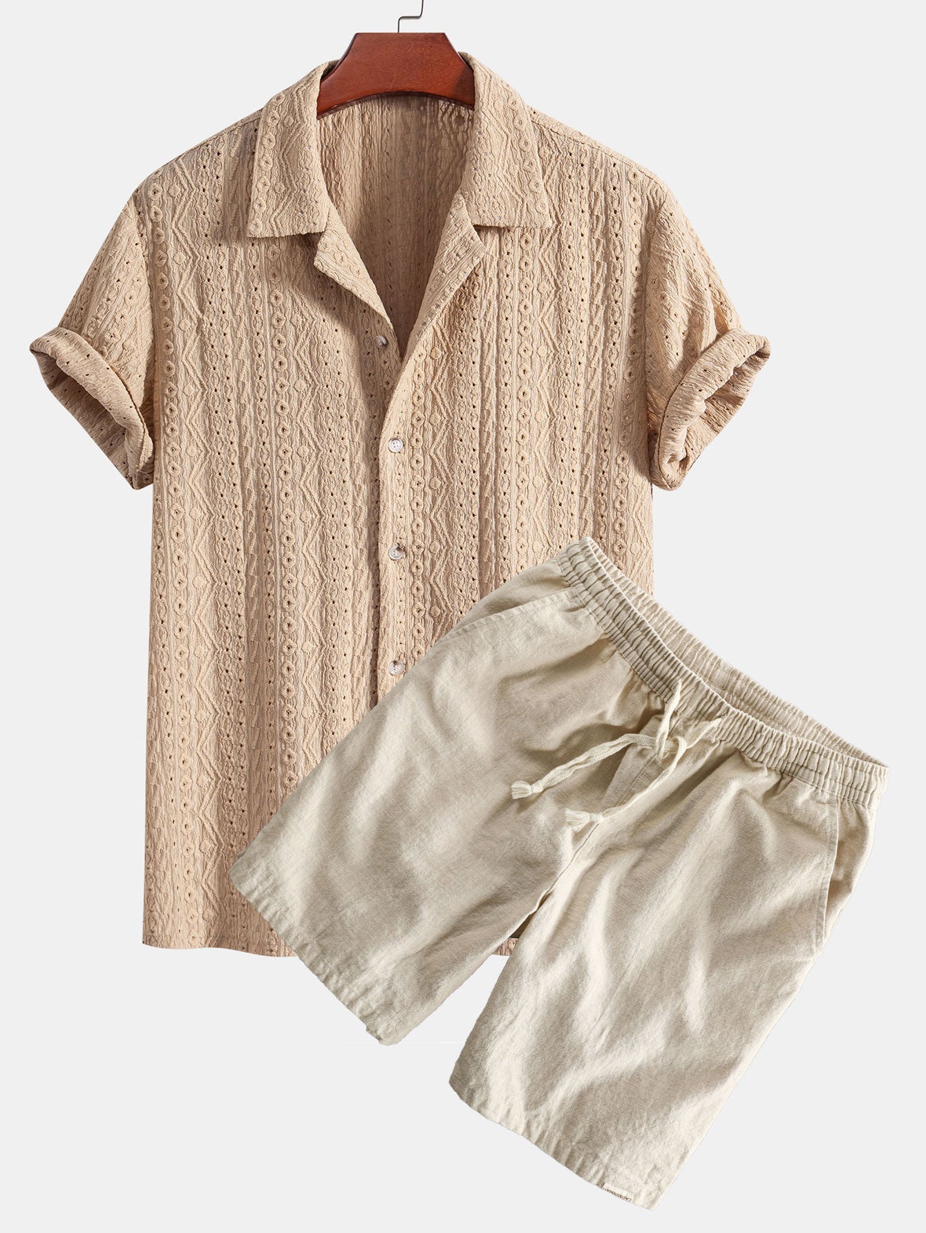 Geometric Jacquard Textured Cuban Shirt & Linen Cotton Blend Shorts Set