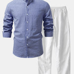 Seersucker Striped Stand Collar Shirt & Straight Leg Linen Pants Set