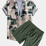 Palm Tree Color Block Print Shirt & Swim Shorts Set