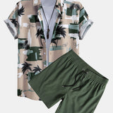 Palm Tree Color Block Print Shirt & Swim Shorts Set