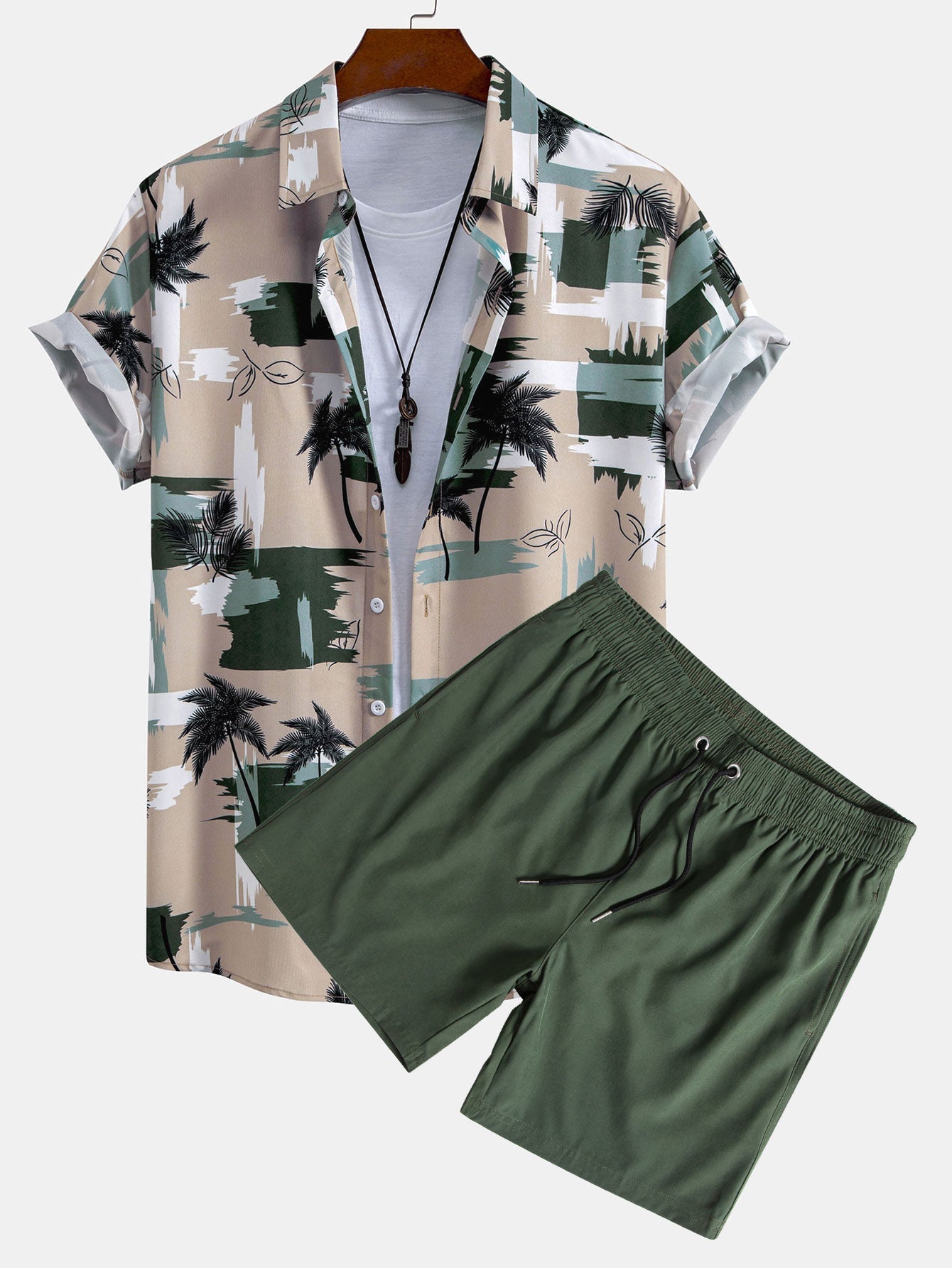 Palm Tree Color Block Print Shirt & Swim Shorts Set