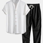 V Neck Linen Rayon Blend Shirt & Straight Leg Linen Pants Set