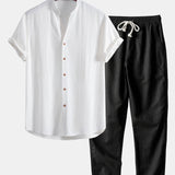 V Neck Linen Rayon Blend Shirt & Straight Leg Linen Pants Set