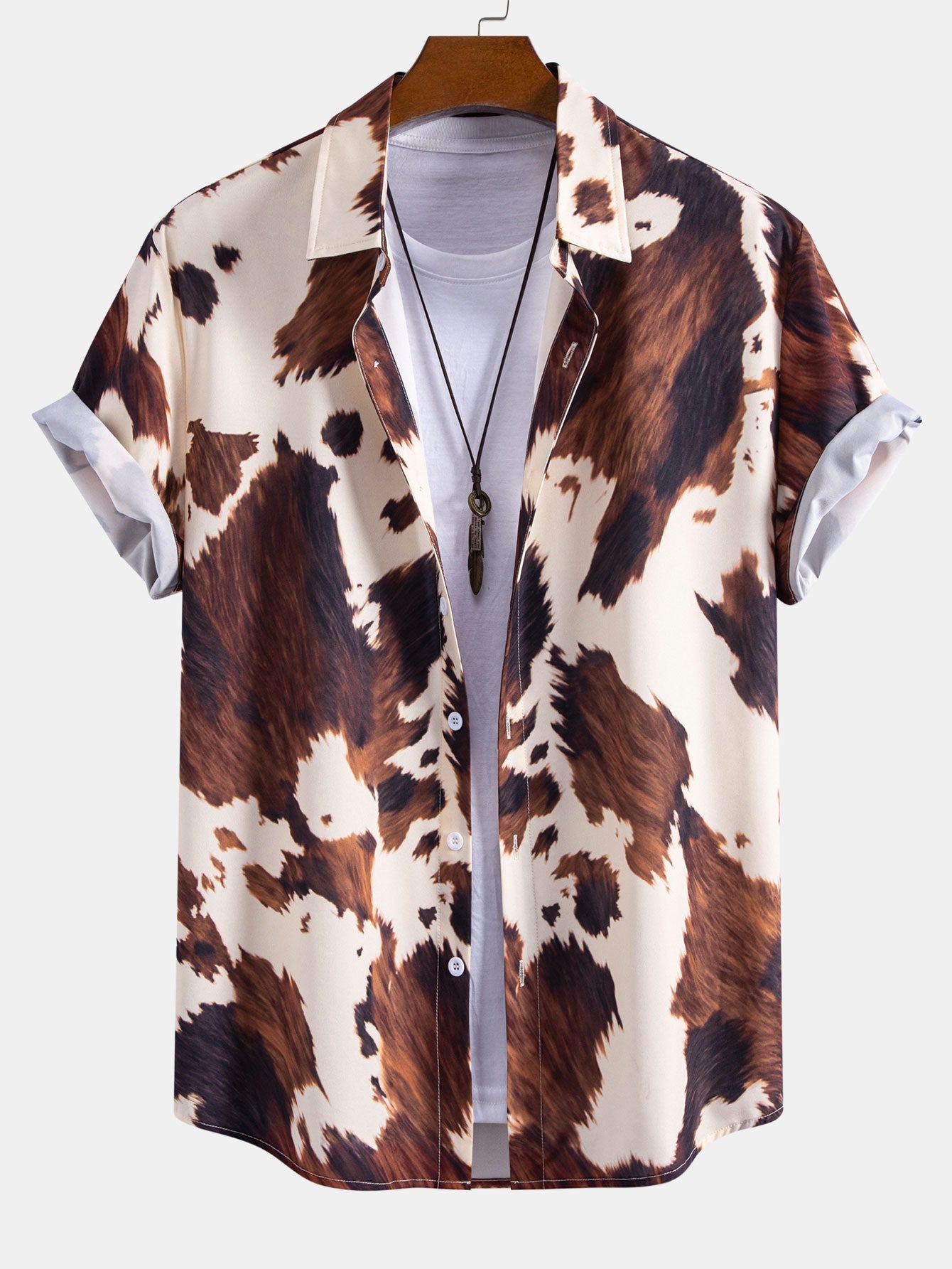 Cow Print Shirt & Crinkle Textured Drawstring 5" Shorts Set