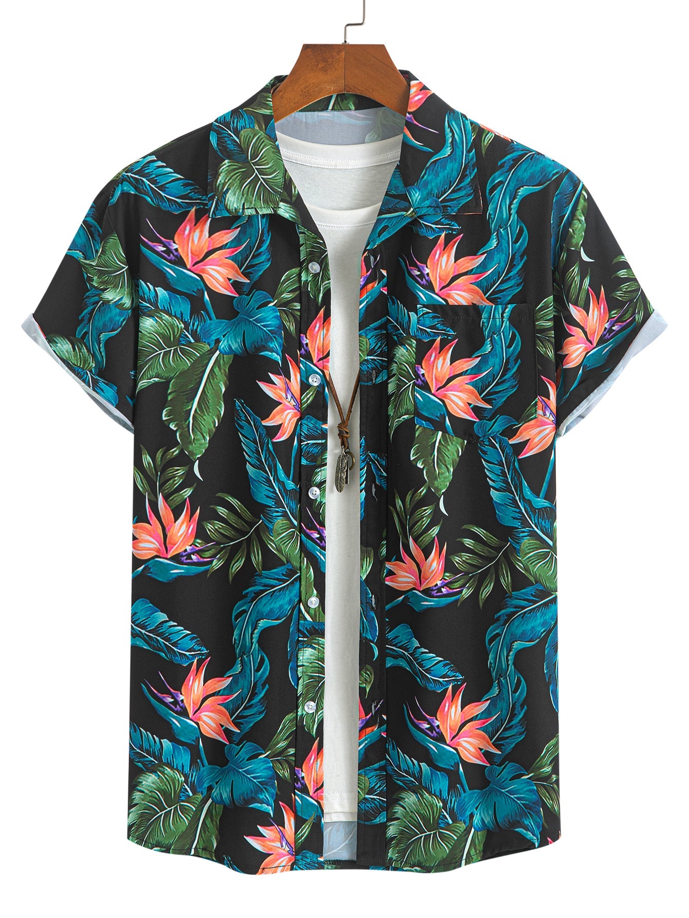 Tropical Plants Print Shirt & Drawstring Swim Shorts Set