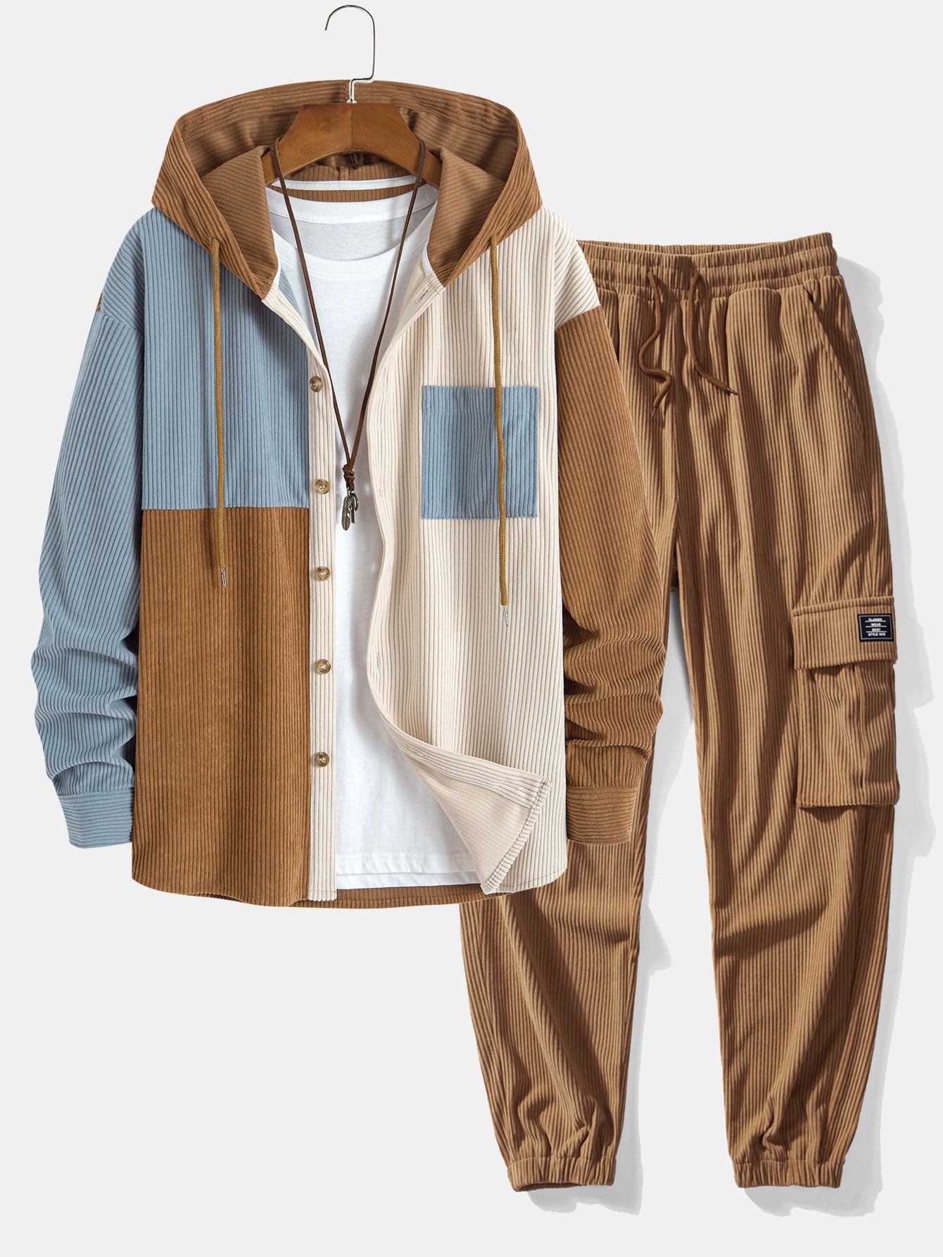 Colorblock Corduroy Hooded Shirt & Drawstring Corduroy Cargo Jogger Pants Set