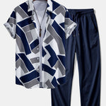 Color Block Geometry Print Shirt & Wrinkle Textured Pants Set