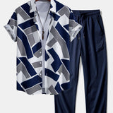 Color Block Geometry Print Shirt & Wrinkle Textured Pants Set