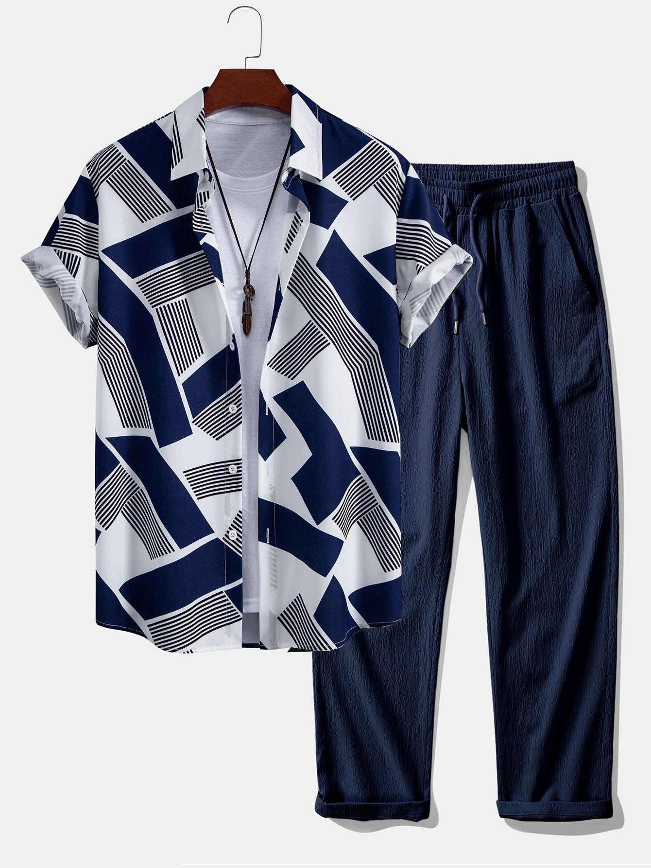 Color Block Geometry Print Shirt & Wrinkle Textured Pants Set