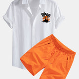 Sunset Palm Trees Print Linen Cotton Shirt & Swim Shorts Set