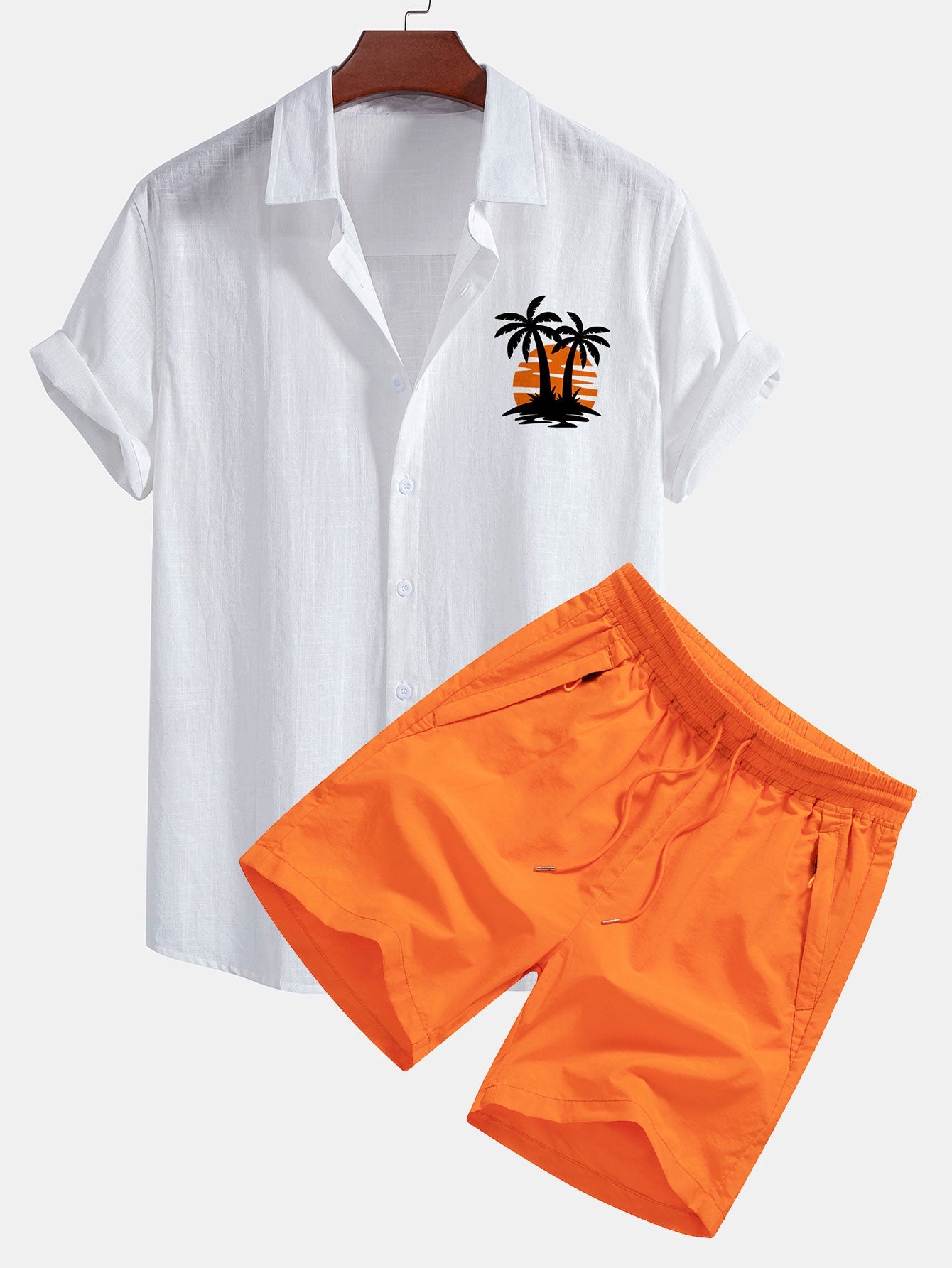 Sunset Palm Trees Print Linen Cotton Shirt & Swim Shorts Set