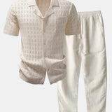 Plaid Open Knit Shirt & Straight Leg Linen Pants Set