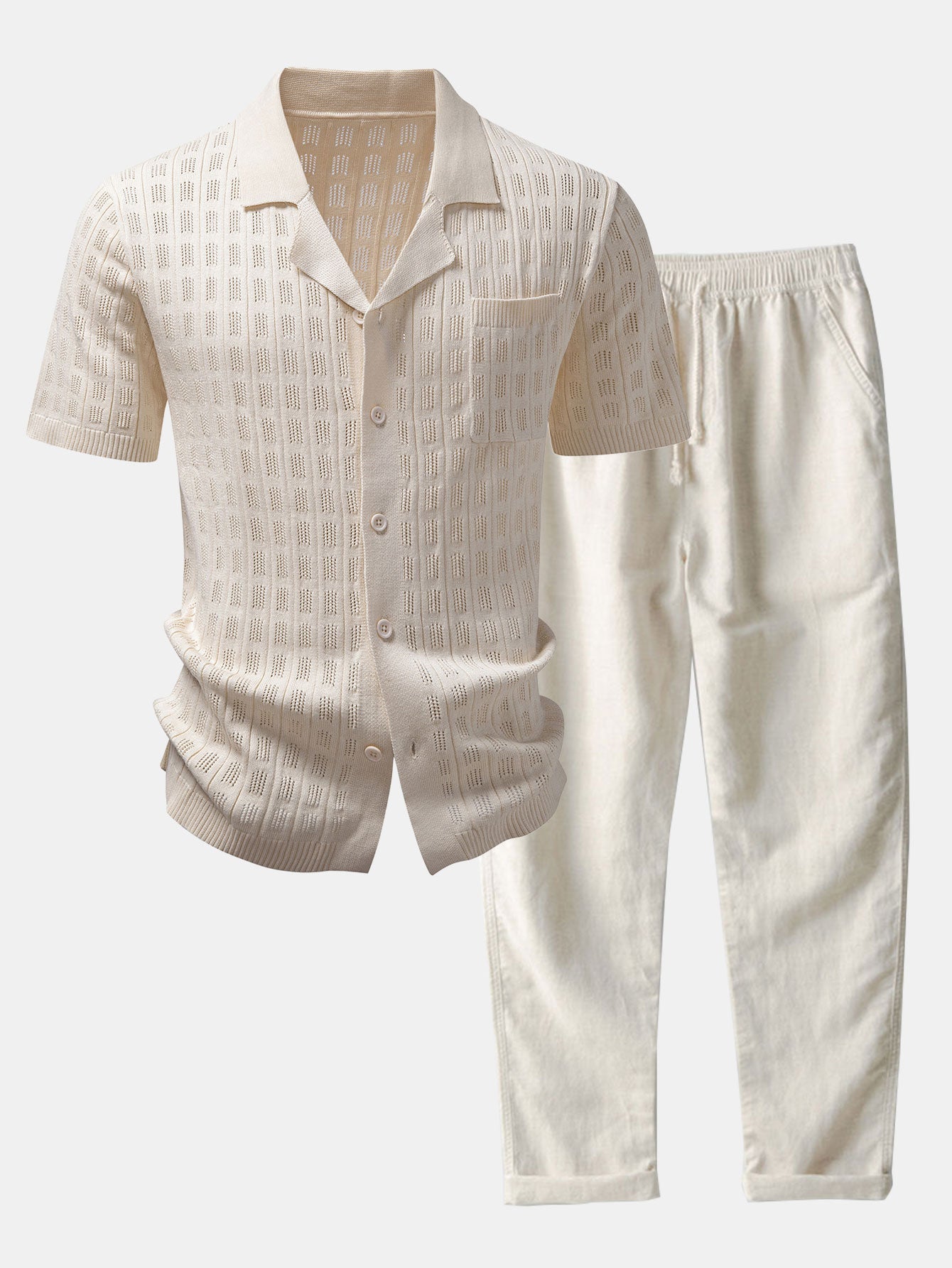 Plaid Open Knit Shirt & Straight Leg Linen Pants Set