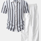 Plaid Jacquard Shirt & Straight Leg Linen Pants Set