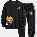 Graffiti Bear Print Relax Fit Crew Neck Sweatshirt & Jogging Pants Set