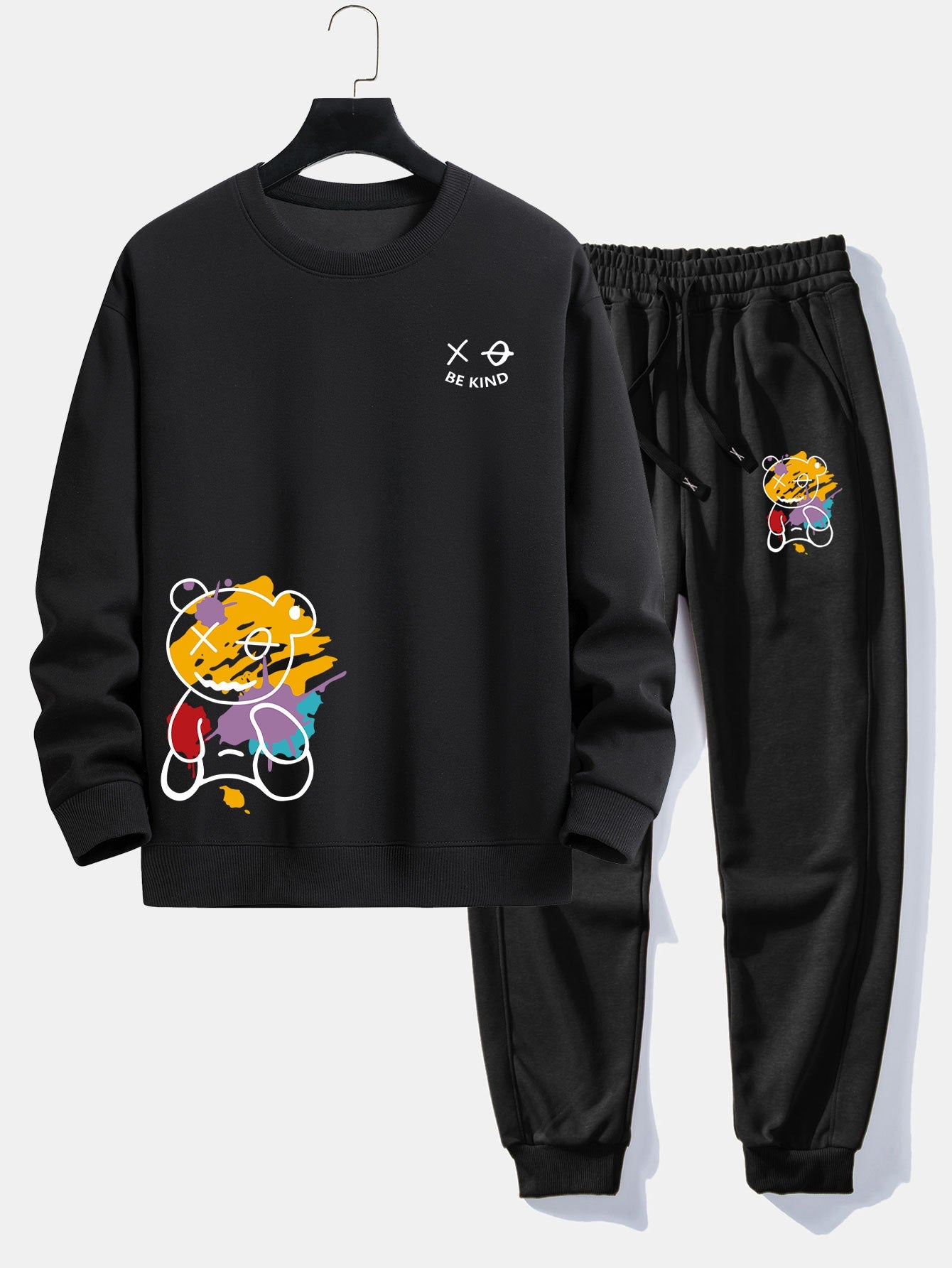 Graffiti Bear Print Relax Fit Crew Neck Sweatshirt & Jogging Pants Set