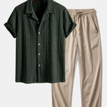 Knitted Geometric Rhombus Jacquard Cuban Shirt & Crinkle Textured Pants Set