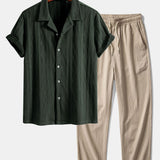 Knitted Geometric Rhombus Jacquard Cuban Shirt & Crinkle Textured Pants Set