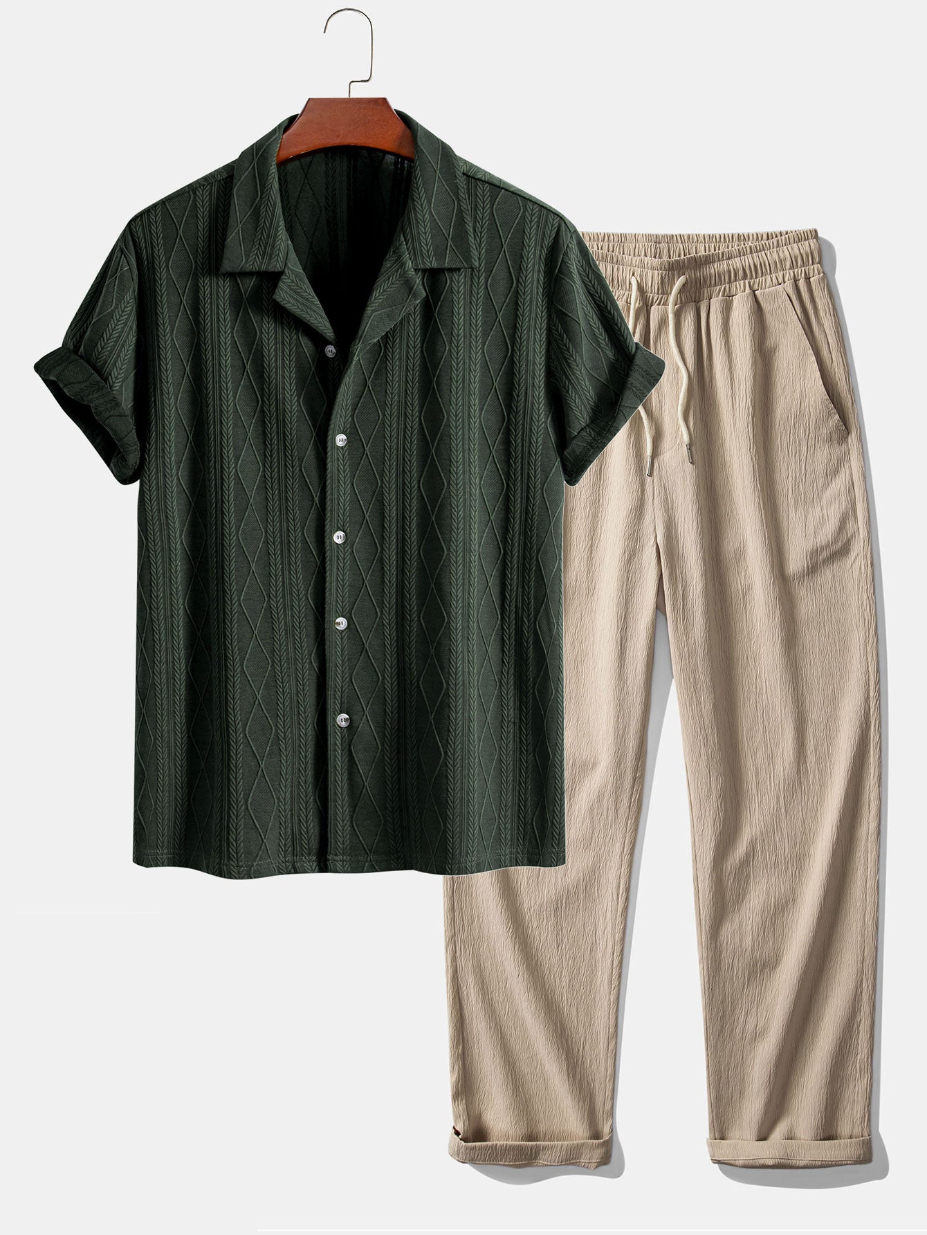 Knitted Geometric Rhombus Jacquard Cuban Shirt & Crinkle Textured Pants Set
