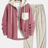 Long Sleeved Contrast Corduroy Hooded Shirt & Corduroy Pants Set