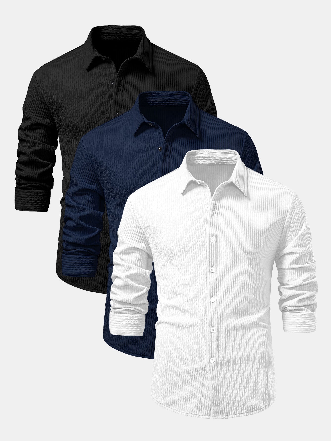 3 Pieces Long Sleeve Muscle Fit Ribbed Button Up Shirt