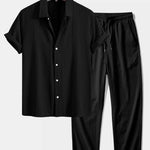 Geometric Jacquard Shirt & Crinkle Textured Straight Leg Pants Set