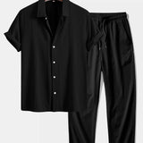 Geometric Jacquard Shirt & Crinkle Textured Straight Leg Pants Set