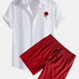 Red Rose Print Linen Cotton Shirt & Swim Shorts Set