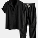 Knitted Geometric Rhombus Jacquard Cuban Shirt & Linen Pants Set