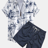 Island Sailing Print Shirt & Striped Print Swim Shorts Set