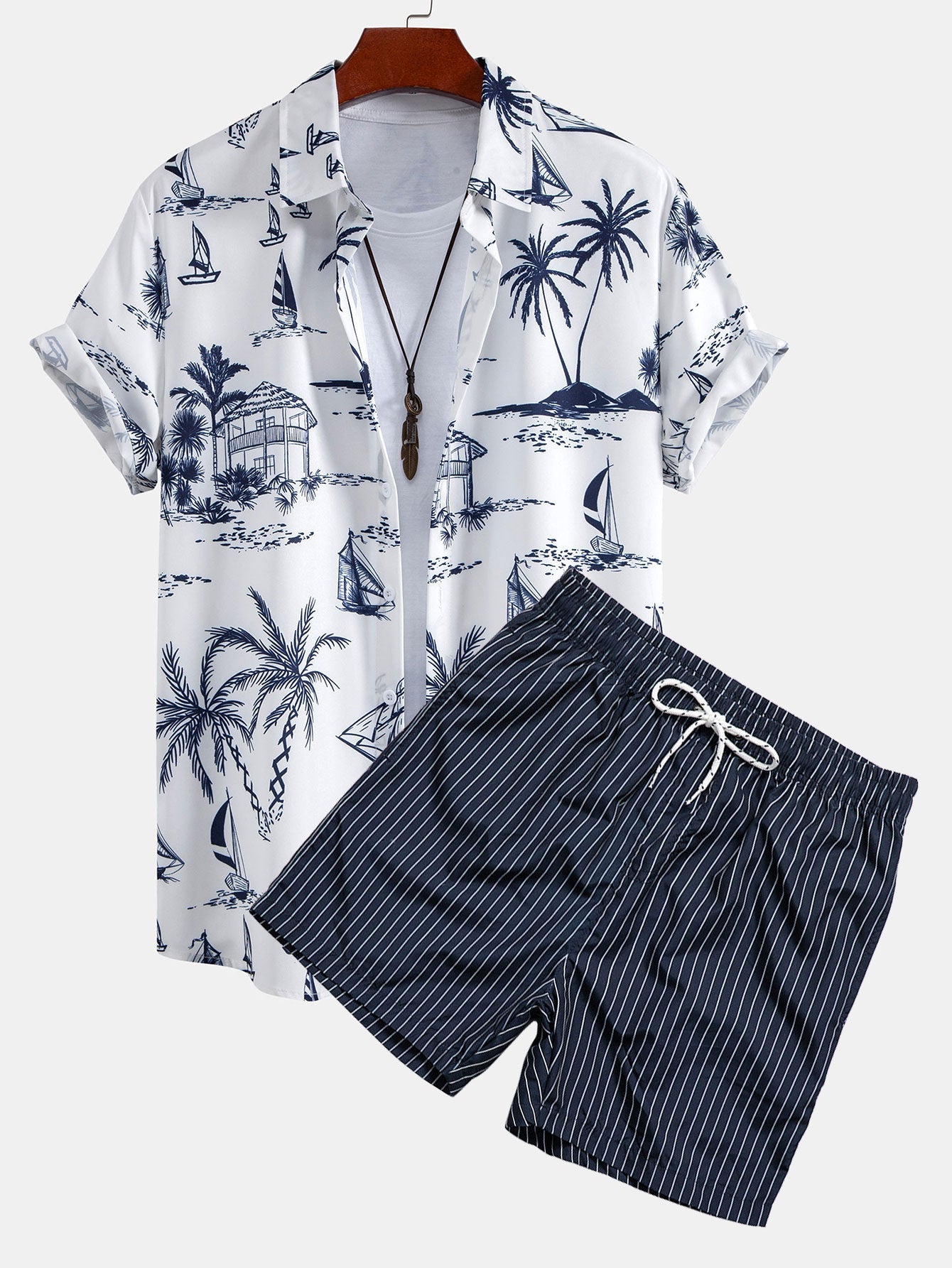 Island Sailing Print Shirt & Striped Print Swim Shorts Set