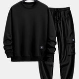 Geometric Striped Sweatshirt & Drawstring Corduroy Cargo Jogger Pants Set