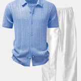 Open Knit Shirt & Straight Leg Linen Pants Set