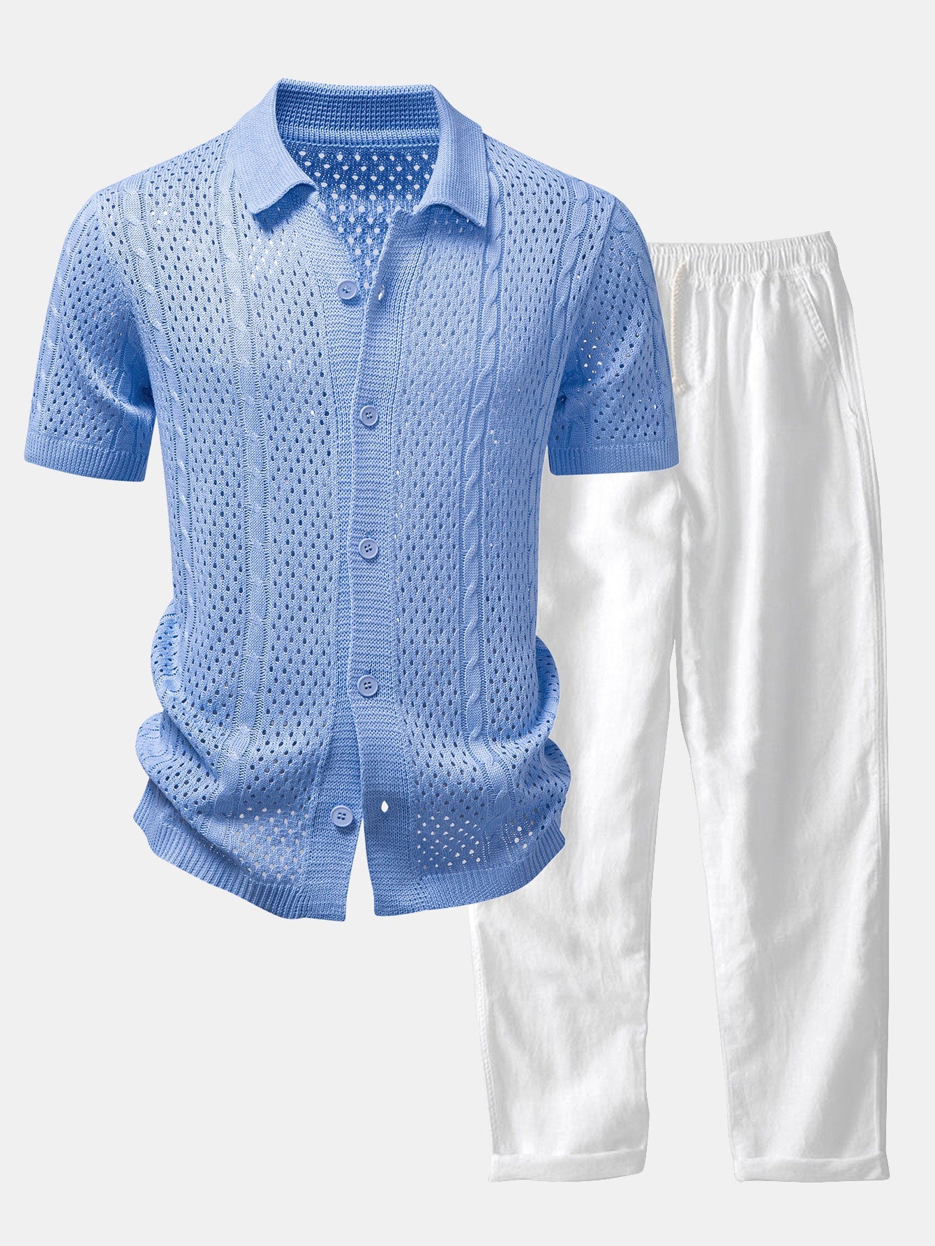 Open Knit Shirt & Straight Leg Linen Pants Set