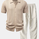 Twisted Jacquard Button Up Knit Shirt & Straight Leg Linen Pants Set