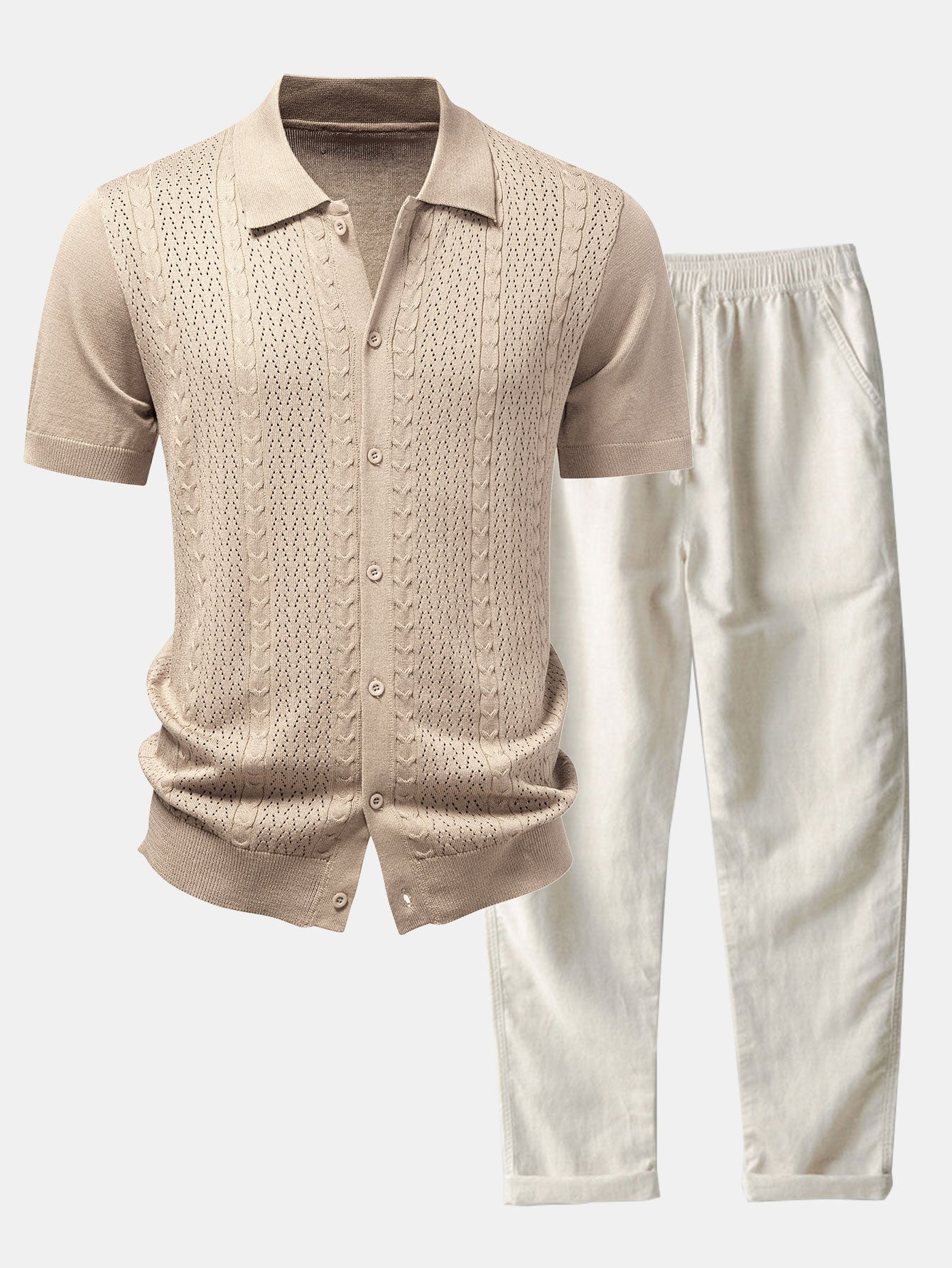 Twisted Jacquard Button Up Knit Shirt & Straight Leg Linen Pants Set