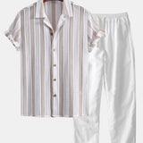 Striped Mesh Cuban Shirt & Straight Leg Linen Pants Set