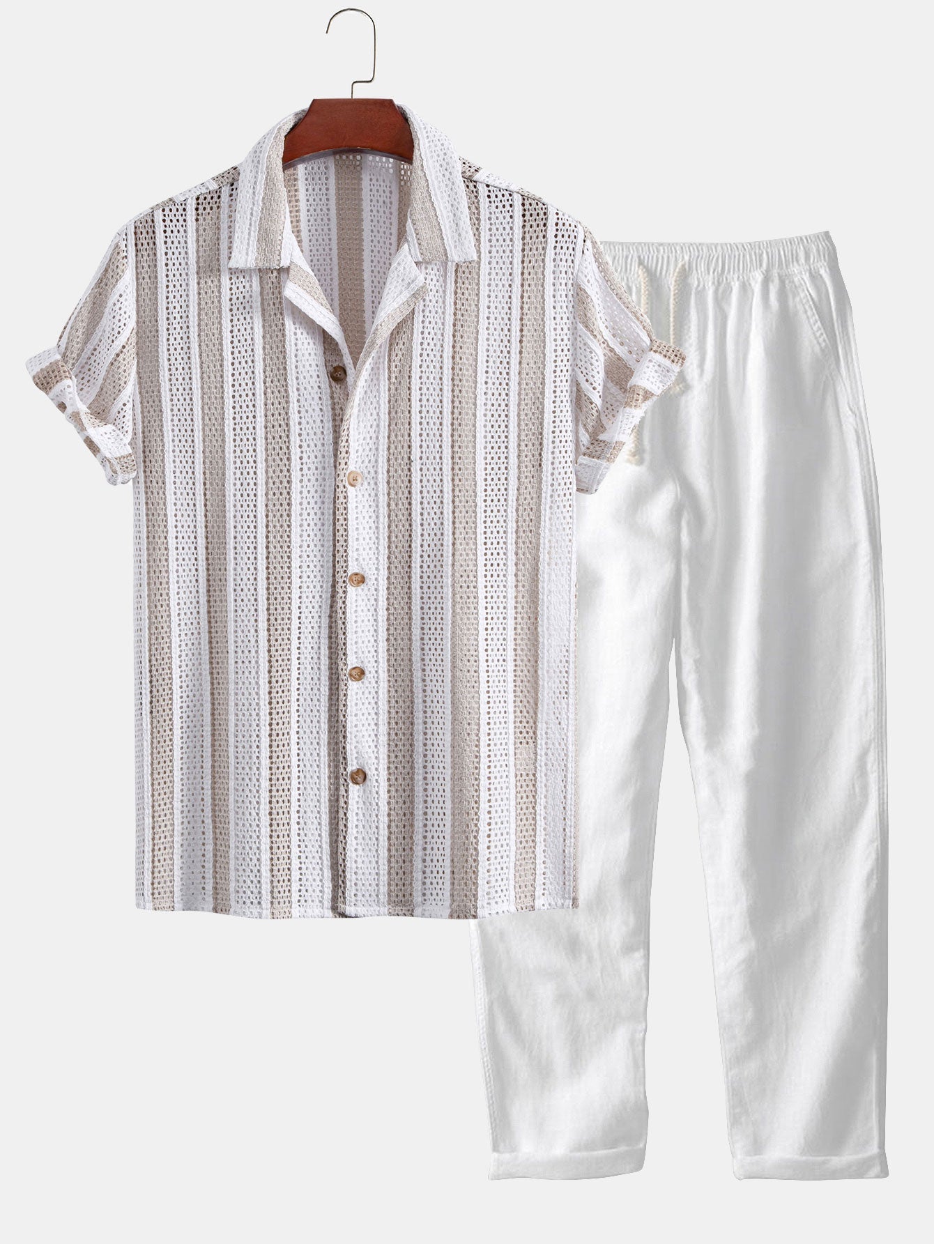 Striped Mesh Cuban Shirt & Straight Leg Linen Pants Set