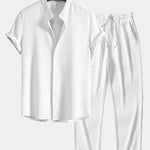 Muscle Fit Ribbed Stand Collar Shirt & Straight Leg Ribbed Pants Set
