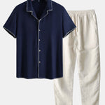 Contrast Stitching Linen Rayon Blend Cuban Shirt & Linen Pants Set