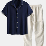 Contrast Stitching Linen Rayon Blend Cuban Shirt & Linen Pants Set