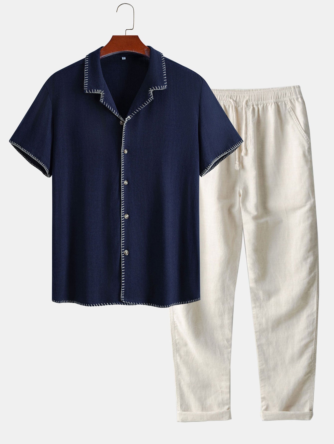 Contrast Stitching Linen Rayon Blend Cuban Shirt & Linen Pants Set